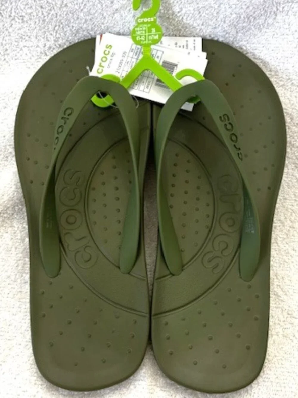 Crocs brand olive color flip flops NWT Men's Size 8/Women's Size 10